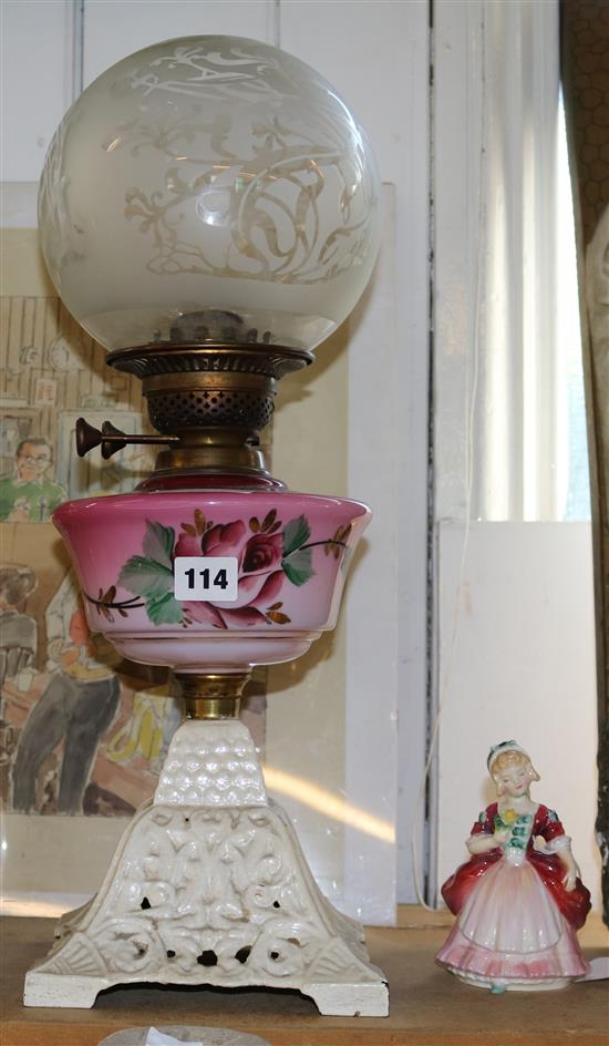 Oil lamp with shade  & Doulton figurine
